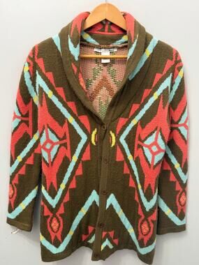 Ellison Aztec Cardigan Sweater Womens Medium Brown Pink Geometric Shawl Neck